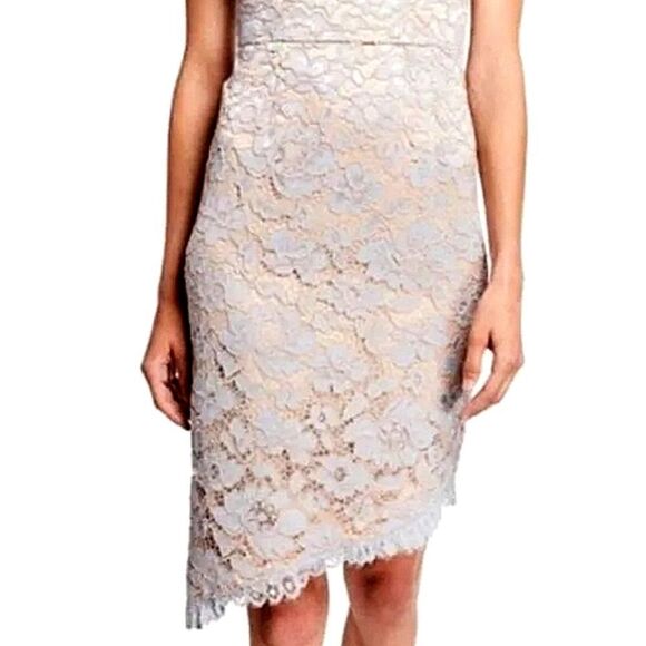 Eliza J Lace Asymmetrical Scalloped Hem Icy Blue Illusion Neckline Sheath Dress - Picture 3 of 15